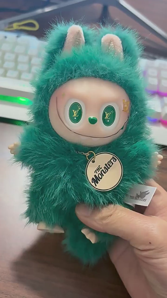 Luxury-inspired Labubu green plush doll keychain